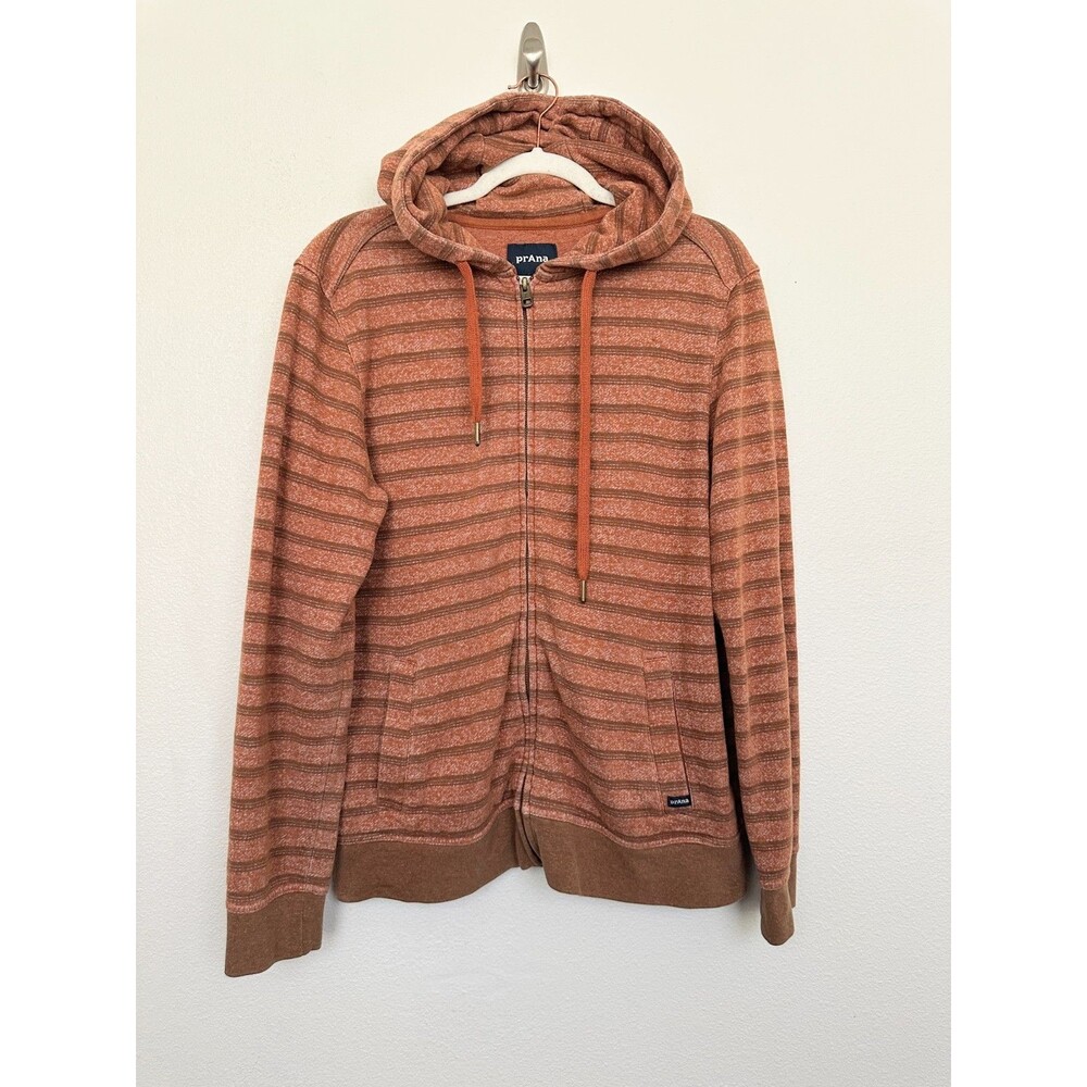 Prana Cardiff Full Zip Fleece Sweatshirt Striped Orange Outdoors Hiking Men's M